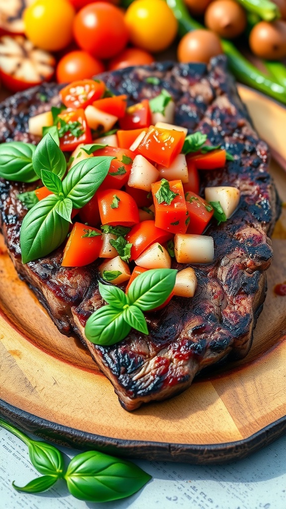 Grilled steak topped with tomato basil salsa on a rustic wooden plate, with grilled vegetables on the side.